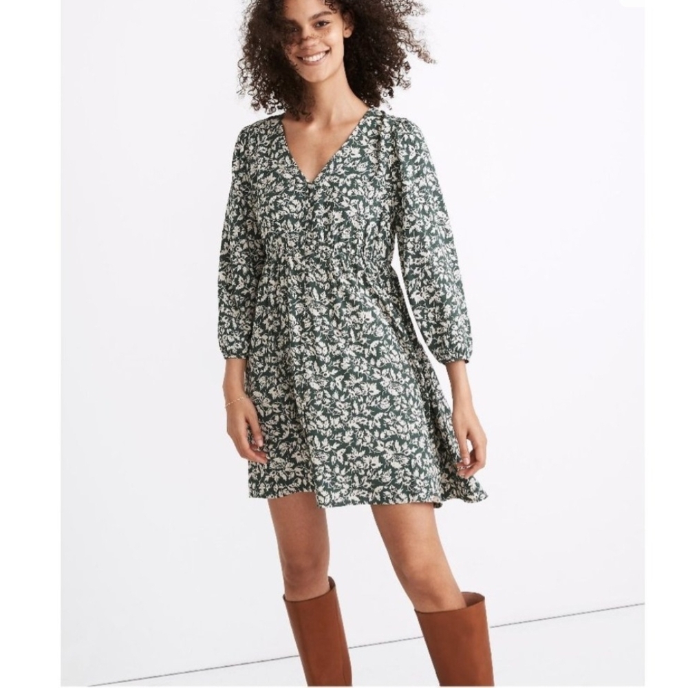 Madewell Green Floral Button Down Long-sleeve Dress, Size S, Preowned
